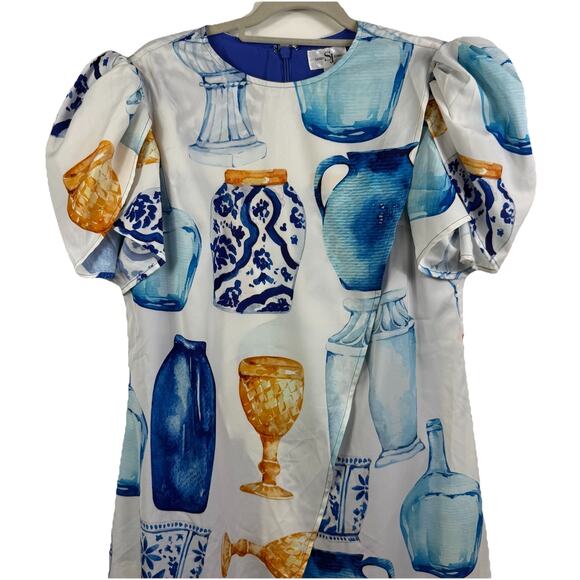 Sassy Jones New Zena Layered Cape Jumpsuit Small Blue Vase Print Puff Sleeve - Picture 2 of 16